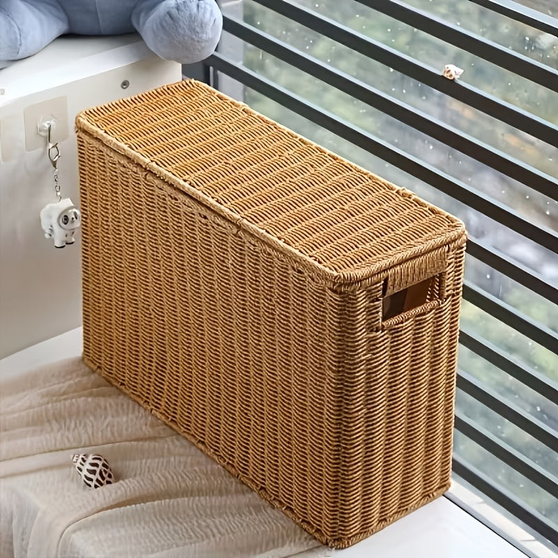 Nordic Style Slim Lidded Storage Basket Woven-Look Plastic Bin Breathable Multi-Purpose Organizer for Sofa Side Bookshelf Bedside Holding Books Magazines Blankets and Misc Items
