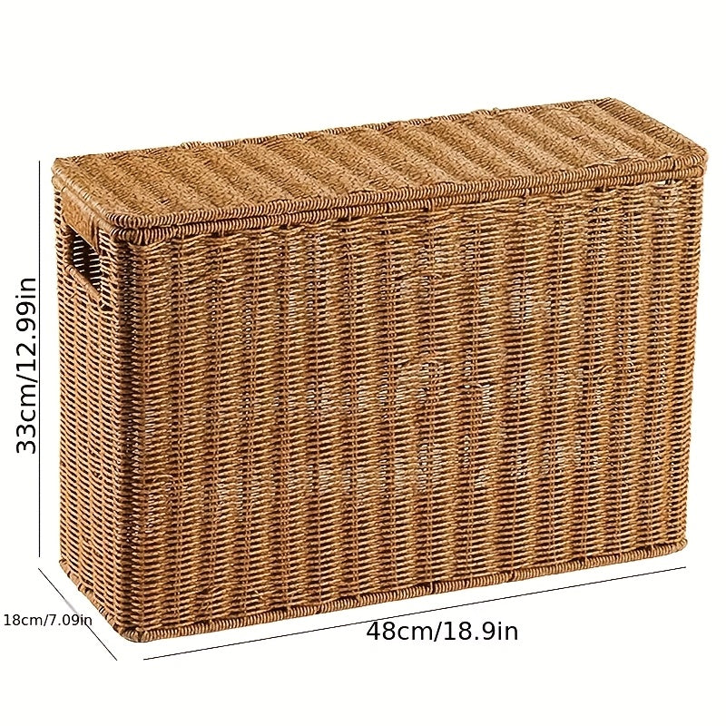 Nordic Style Slim Lidded Storage Basket Woven-Look Plastic Bin Breathable Multi-Purpose Organizer for Sofa Side Bookshelf Bedside Holding Books Magazines Blankets and Misc Items