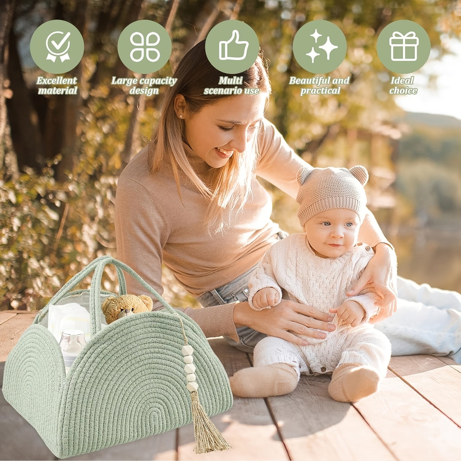 MERRYXMAS 1pc Multi-layer Storage Bag, 37cm\u002F14.56inch, Simple Multi-functional Rope-woven Portable Diaper Storage Basket, Large-capacity Multi-functional Woven Storage Basket, with Handle, Mother's Day, Valentine's Day, Birthday Gift, Shelf Baskets