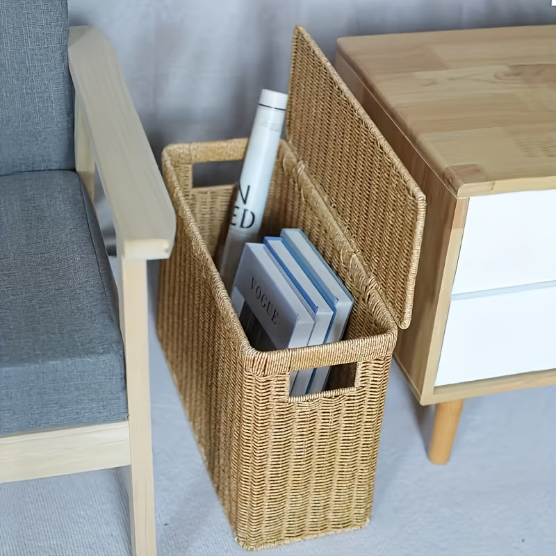 Nordic Style Slim Lidded Storage Basket Woven-Look Plastic Bin Breathable Multi-Purpose Organizer for Sofa Side Bookshelf Bedside Holding Books Magazines Blankets and Misc Items
