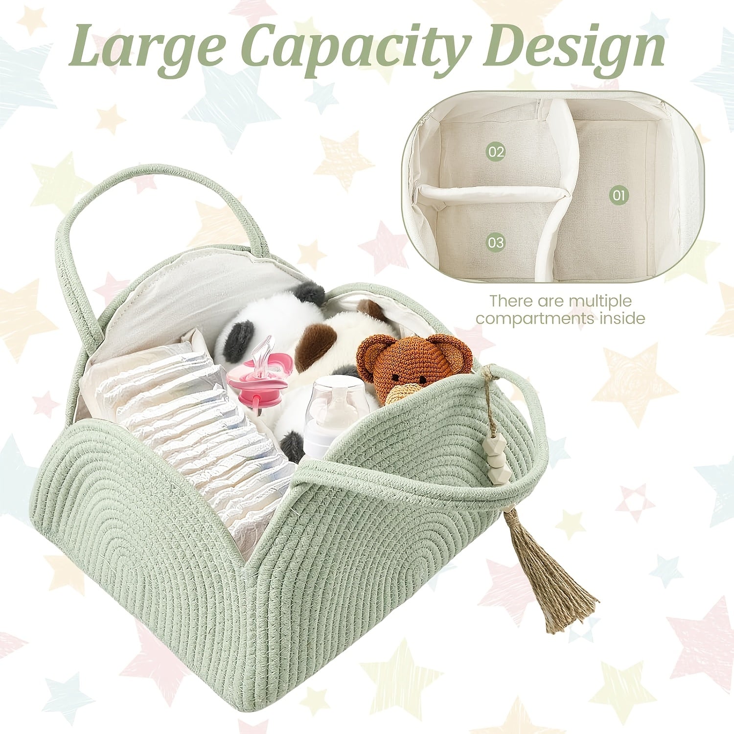 MERRYXMAS 1pc Multi-layer Storage Bag, 37cm\u002F14.56inch, Simple Multi-functional Rope-woven Portable Diaper Storage Basket, Large-capacity Multi-functional Woven Storage Basket, with Handle, Mother's Day, Valentine's Day, Birthday Gift, Shelf Baskets
