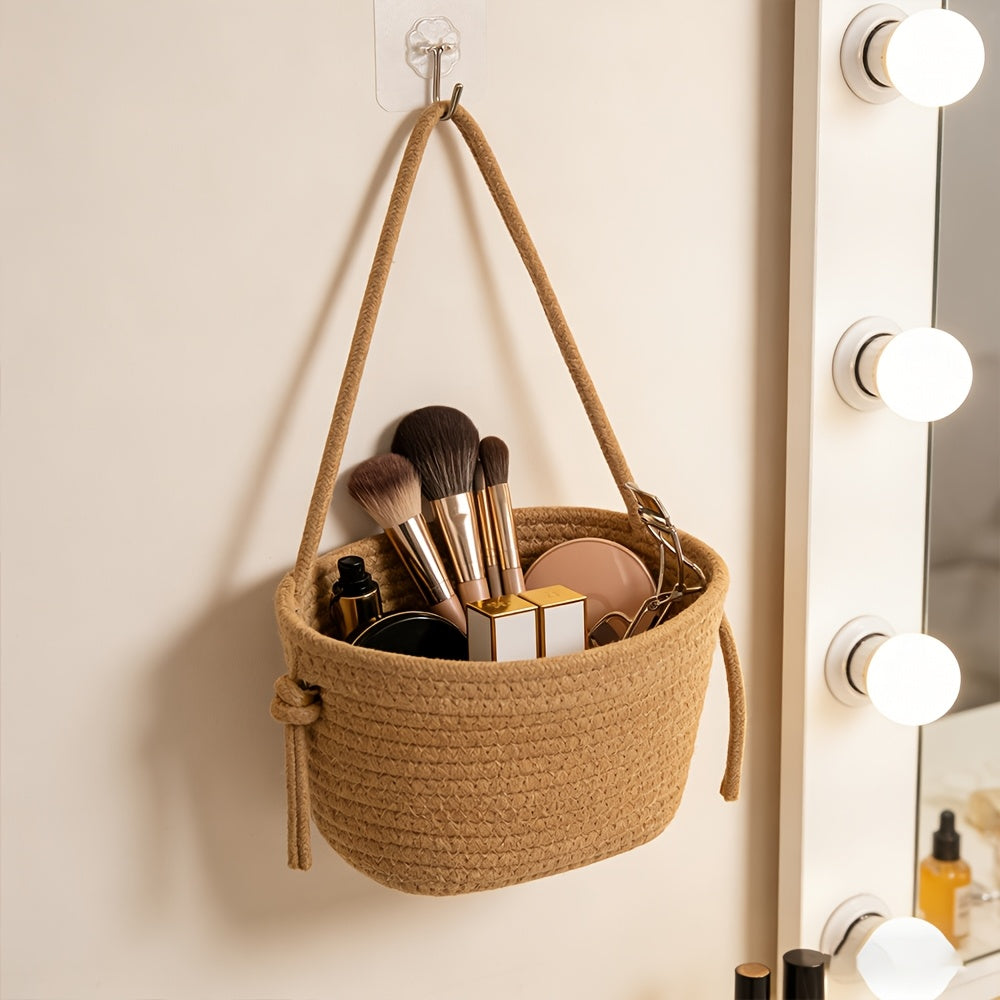 1pc Natural Woven Rope Hanging Basket - Round Door\u002FWall-Mounted Storage Shelf with Mini Mesh Organizer Suitable for Bathroom,,, Multipurpose Hanging Shelf for Towels,, Books, Flower Basket, Space-Saving Home Decoration, Shelf Baskets