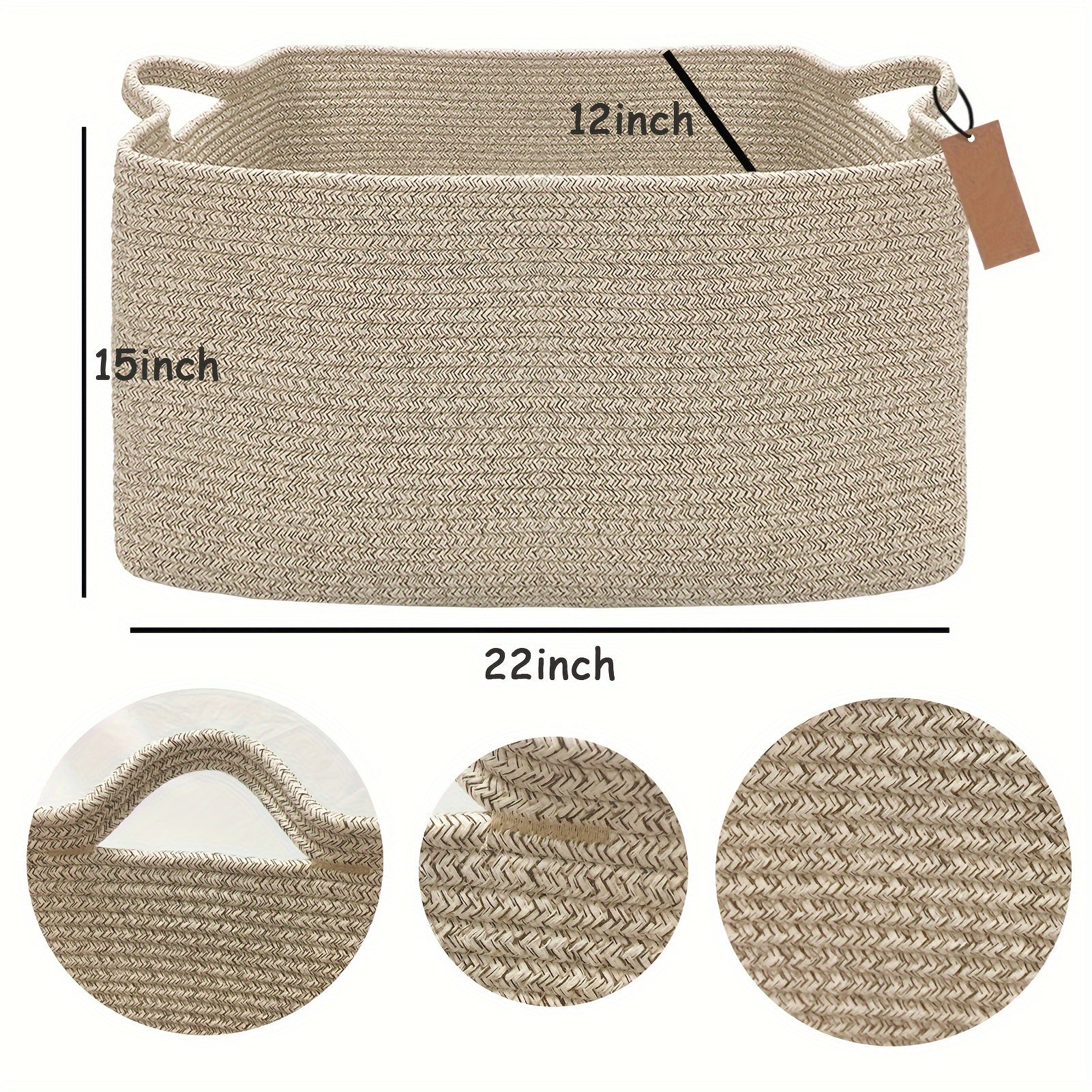 Extra Large Non-Toxic Cotton Rope Laundry Basket, 22x15x12 Inch Storage Organizer & Bathroom Decor | Multi-Use Rectangle Basket For Towels\u002FToys\u002FClothes, Baby-Safe Closet Organizers, Living Room Hamper With Handles, Laundry Baskets