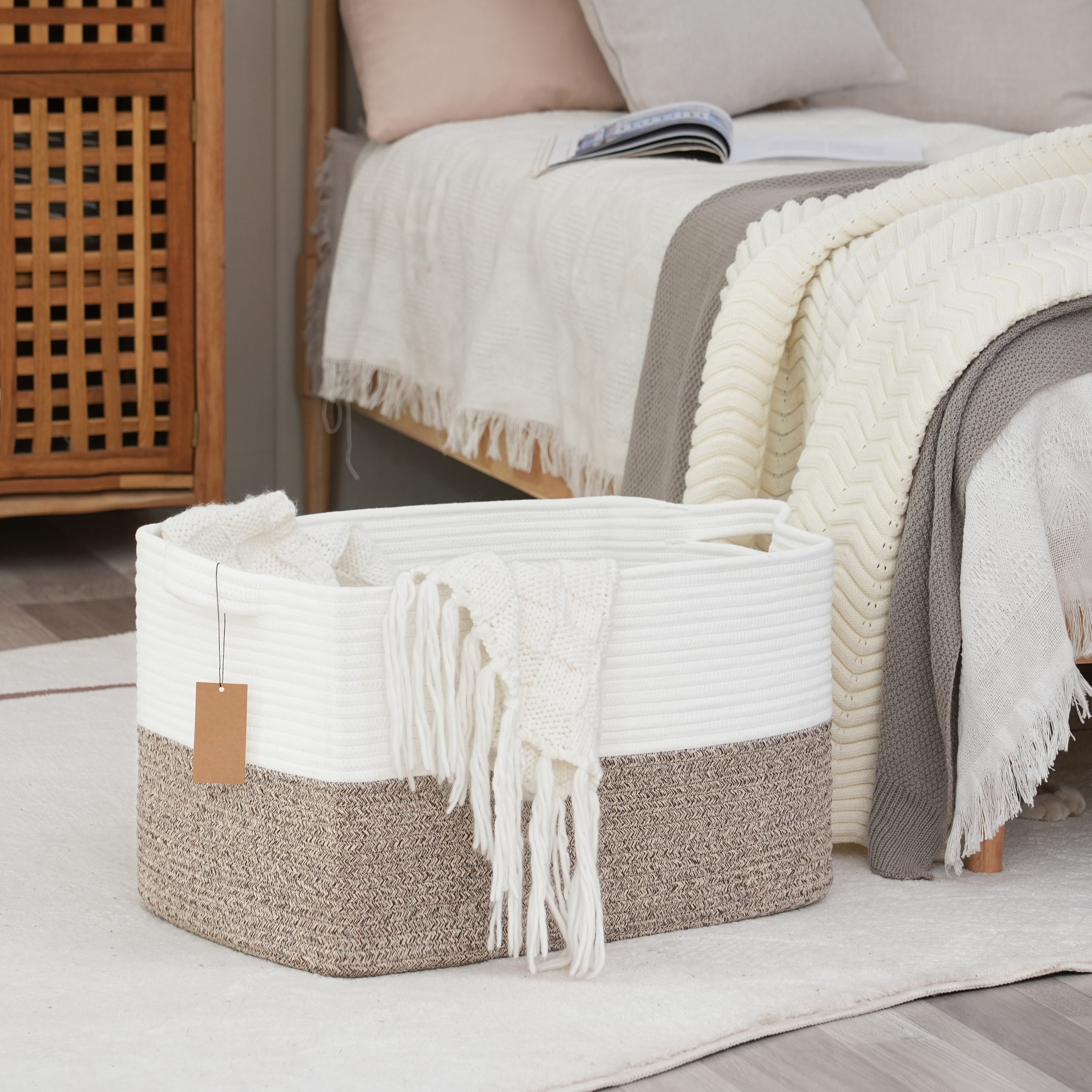 Extra Large Non-Toxic Cotton Rope Laundry Basket, 22x15x12 Inch Storage Organizer & Bathroom Decor | Multi-Use Rectangle Basket For Towels\u002FToys\u002FClothes, Baby-Safe Closet Organizers, Living Room Hamper With Handles, Laundry Baskets