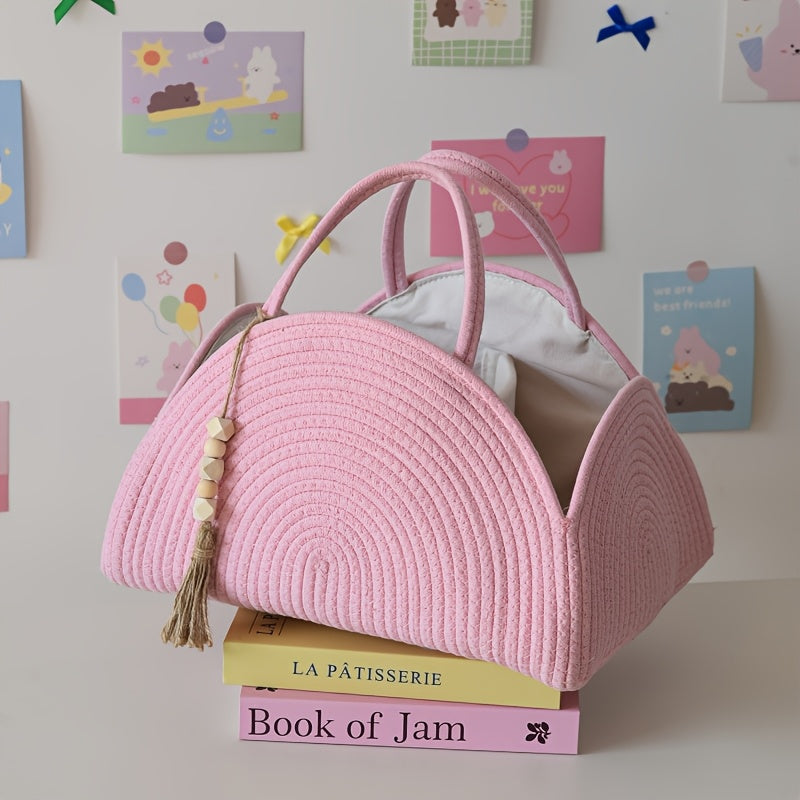 MERRYXMAS 1pc Multi-layer Storage Bag, 37cm\u002F14.56inch, Simple Multi-functional Rope-woven Portable Diaper Storage Basket, Large-capacity Multi-functional Woven Storage Basket, with Handle, Mother's Day, Valentine's Day, Birthday Gift, Shelf Baskets