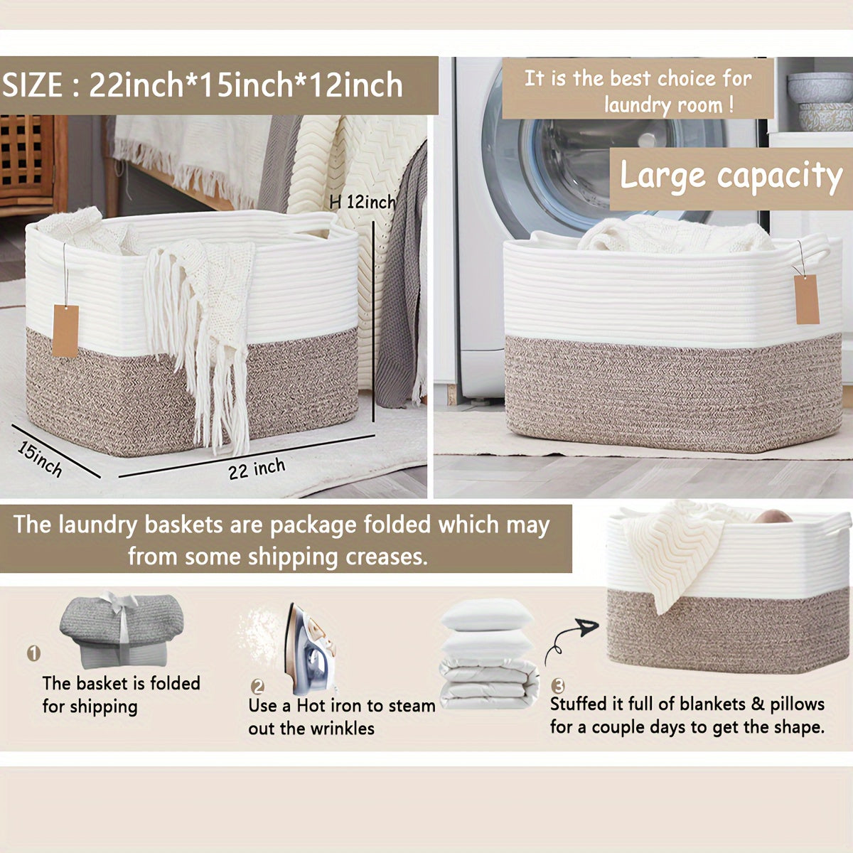 Extra Large Non-Toxic Cotton Rope Laundry Basket, 22x15x12 Inch Storage Organizer & Bathroom Decor | Multi-Use Rectangle Basket For Towels\u002FToys\u002FClothes, Baby-Safe Closet Organizers, Living Room Hamper With Handles, Laundry Baskets