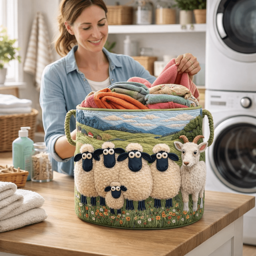 Sheep Heaven Quilted Laundry Basket, Fabric Laundry Basket Hamper, Collapsible Storage Bin for Clothes, Blankets, Towels, Etc, Laundry Baskets
