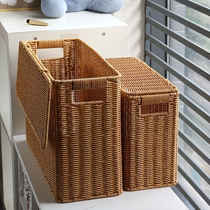 Nordic Style Slim Lidded Storage Basket Woven-Look Plastic Bin Breathable Multi-Purpose Organizer for Sofa Side Bookshelf Bedside Holding Books Magazines Blankets and Misc Items