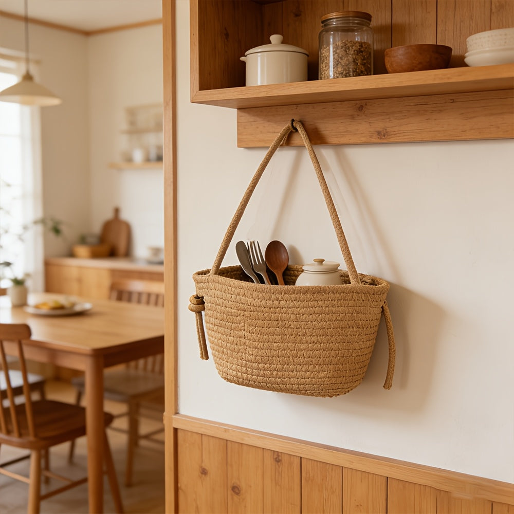1pc Natural Woven Rope Hanging Basket - Round Door\u002FWall-Mounted Storage Shelf with Mini Mesh Organizer Suitable for Bathroom,,, Multipurpose Hanging Shelf for Towels,, Books, Flower Basket, Space-Saving Home Decoration, Shelf Baskets