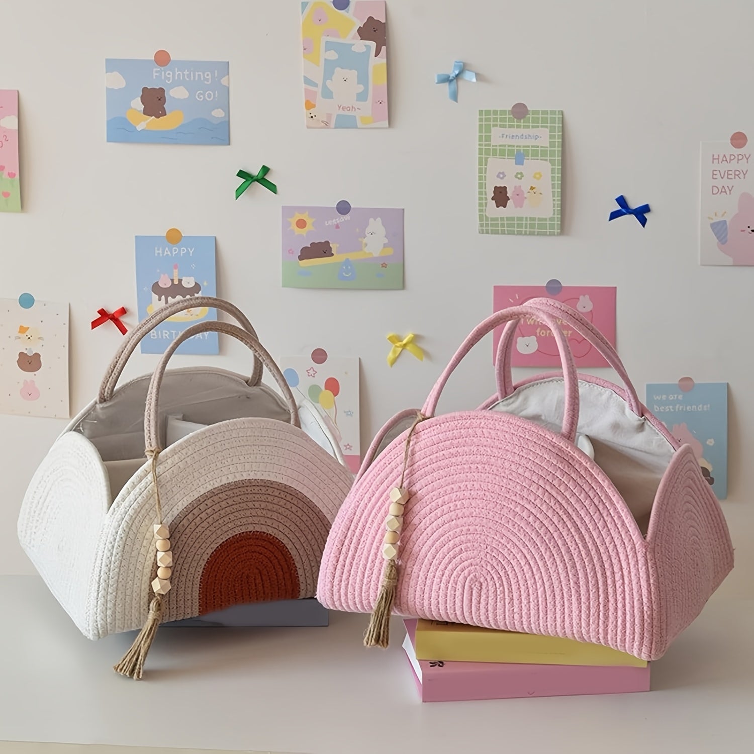 MERRYXMAS 1pc Multi-layer Storage Bag, 37cm\u002F14.56inch, Simple Multi-functional Rope-woven Portable Diaper Storage Basket, Large-capacity Multi-functional Woven Storage Basket, with Handle, Mother's Day, Valentine's Day, Birthday Gift, Shelf Baskets