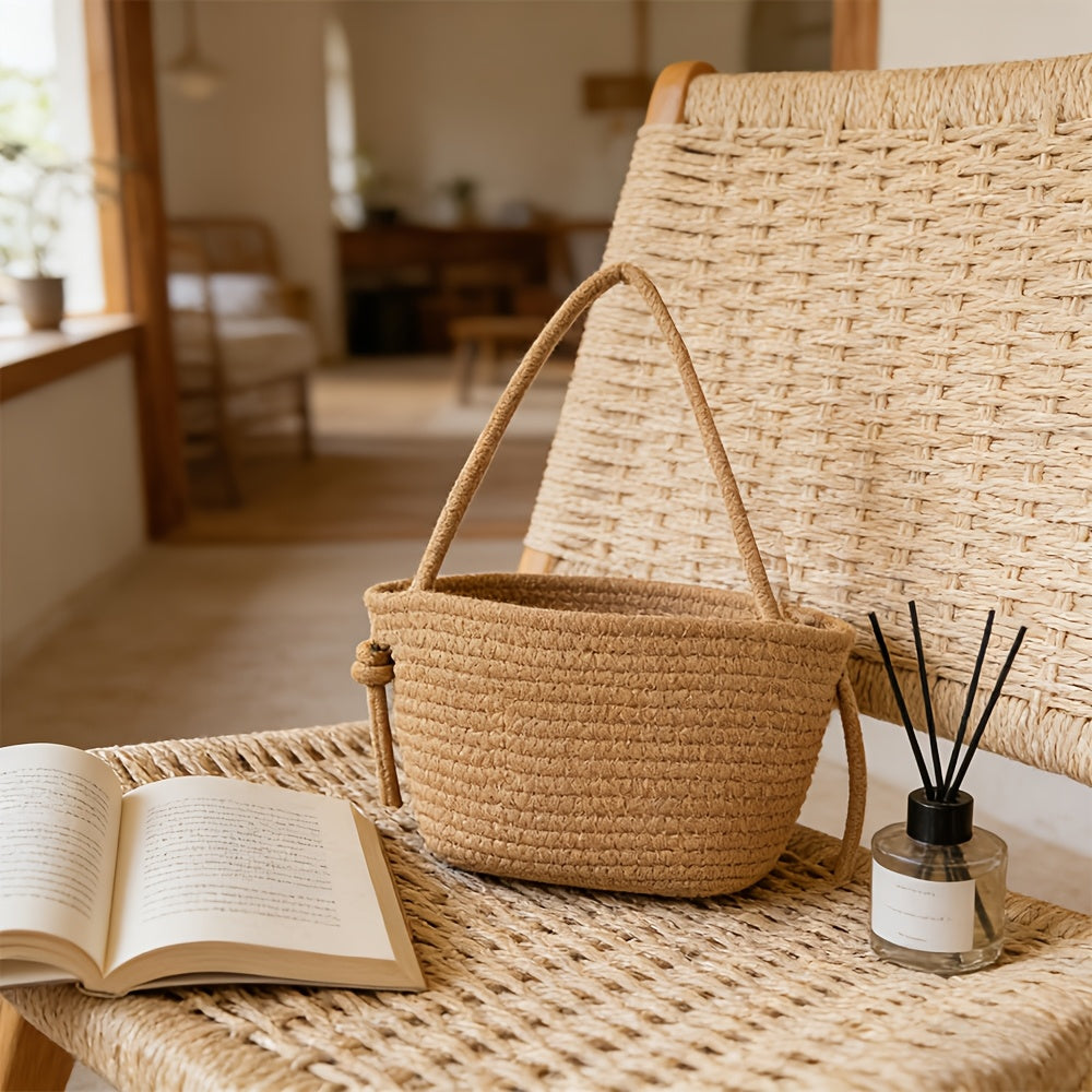 1pc Natural Woven Rope Hanging Basket - Round Door\u002FWall-Mounted Storage Shelf with Mini Mesh Organizer Suitable for Bathroom,,, Multipurpose Hanging Shelf for Towels,, Books, Flower Basket, Space-Saving Home Decoration, Shelf Baskets