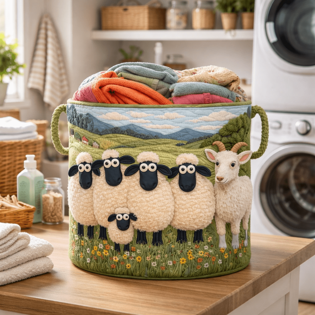 Sheep Heaven Quilted Laundry Basket, Fabric Laundry Basket Hamper, Collapsible Storage Bin for Clothes, Blankets, Towels, Etc, Laundry Baskets