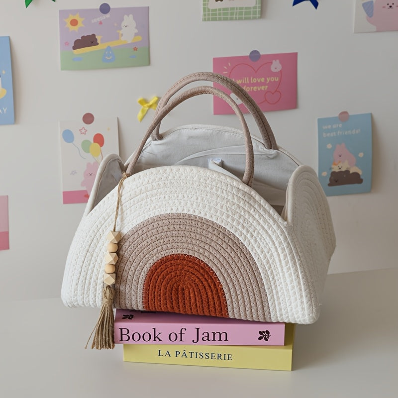 MERRYXMAS 1pc Multi-layer Storage Bag, 37cm\u002F14.56inch, Simple Multi-functional Rope-woven Portable Diaper Storage Basket, Large-capacity Multi-functional Woven Storage Basket, with Handle, Mother's Day, Valentine's Day, Birthday Gift, Shelf Baskets
