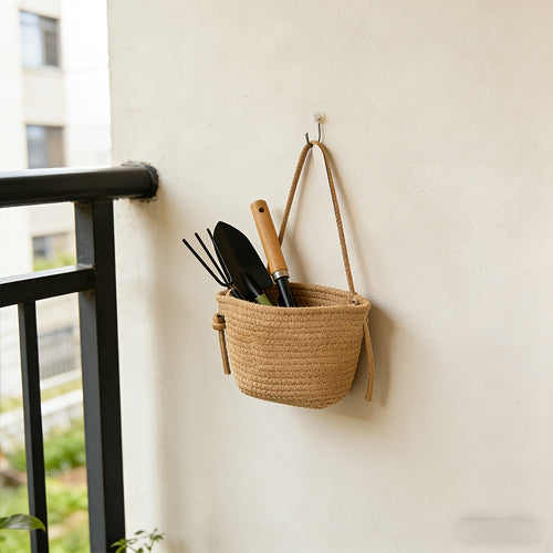 1pc Natural Woven Rope Hanging Basket - Round Door\u002FWall-Mounted Storage Shelf with Mini Mesh Organizer Suitable for Bathroom,,, Multipurpose Hanging Shelf for Towels,, Books, Flower Basket, Space-Saving Home Decoration, Shelf Baskets