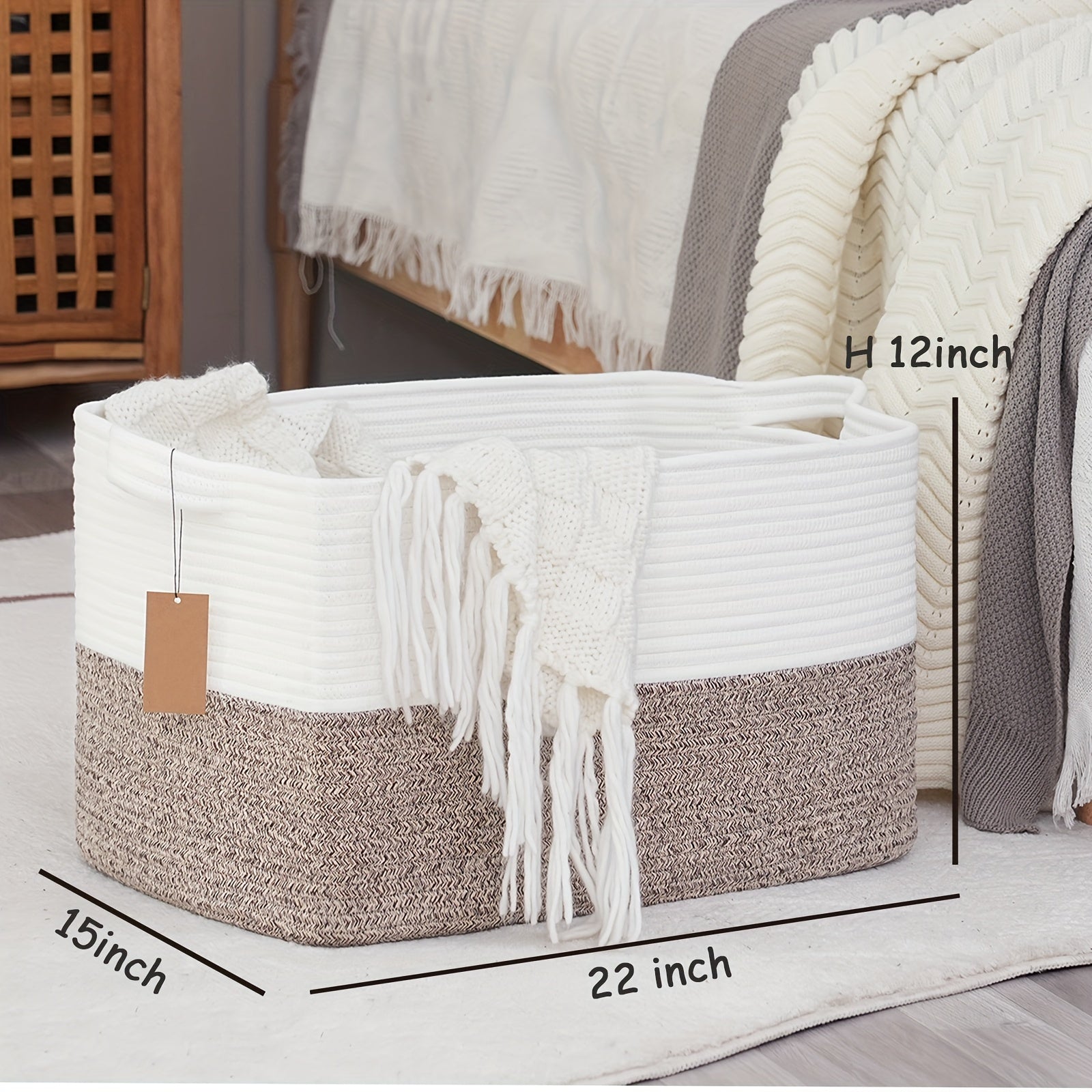 Extra Large Non-Toxic Cotton Rope Laundry Basket, 22x15x12 Inch Storage Organizer & Bathroom Decor | Multi-Use Rectangle Basket For Towels\u002FToys\u002FClothes, Baby-Safe Closet Organizers, Living Room Hamper With Handles, Laundry Baskets