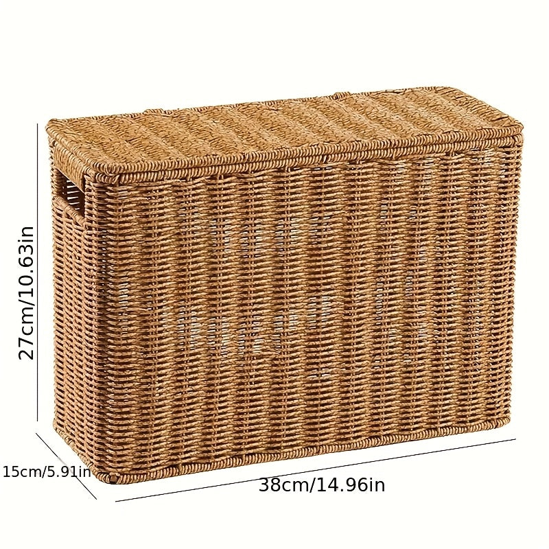 Nordic Style Slim Lidded Storage Basket Woven-Look Plastic Bin Breathable Multi-Purpose Organizer for Sofa Side Bookshelf Bedside Holding Books Magazines Blankets and Misc Items