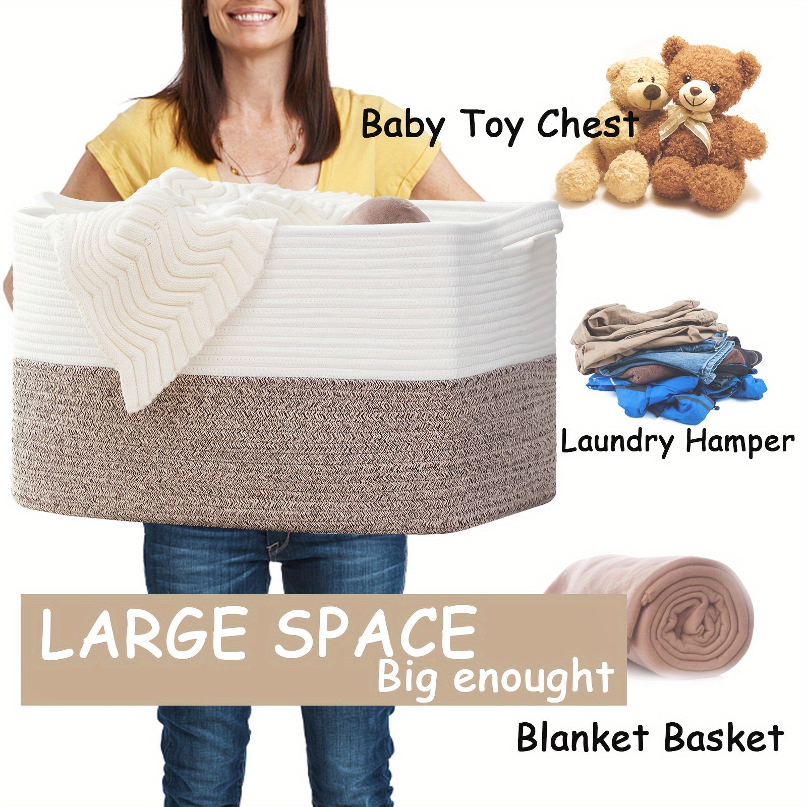 Extra Large Non-Toxic Cotton Rope Laundry Basket, 22x15x12 Inch Storage Organizer & Bathroom Decor | Multi-Use Rectangle Basket For Towels\u002FToys\u002FClothes, Baby-Safe Closet Organizers, Living Room Hamper With Handles, Laundry Baskets