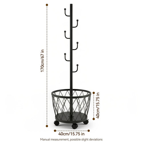 2-in-1 Heavy-Duty Freestanding Rolling Coat Rack with Storage Basket - Mobile Garment Hanger Suitable for Entryway, Bedroom, Living Room, Bathroom - Space-Saving Organizer with Round Hooks & Wheels, Multi-Room Furniture for Hallway,