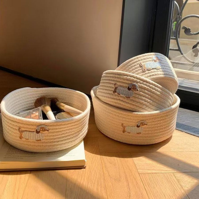 Hand-Woven Dachshund Basket Suitable for Desktop & Outdoor Storage - Rope with Dachshund-Themed, Rustic Puppy for, Crafts, Blankets - Handwoven Basket for,, or Dachshund Lover Gift, Shelf Baskets