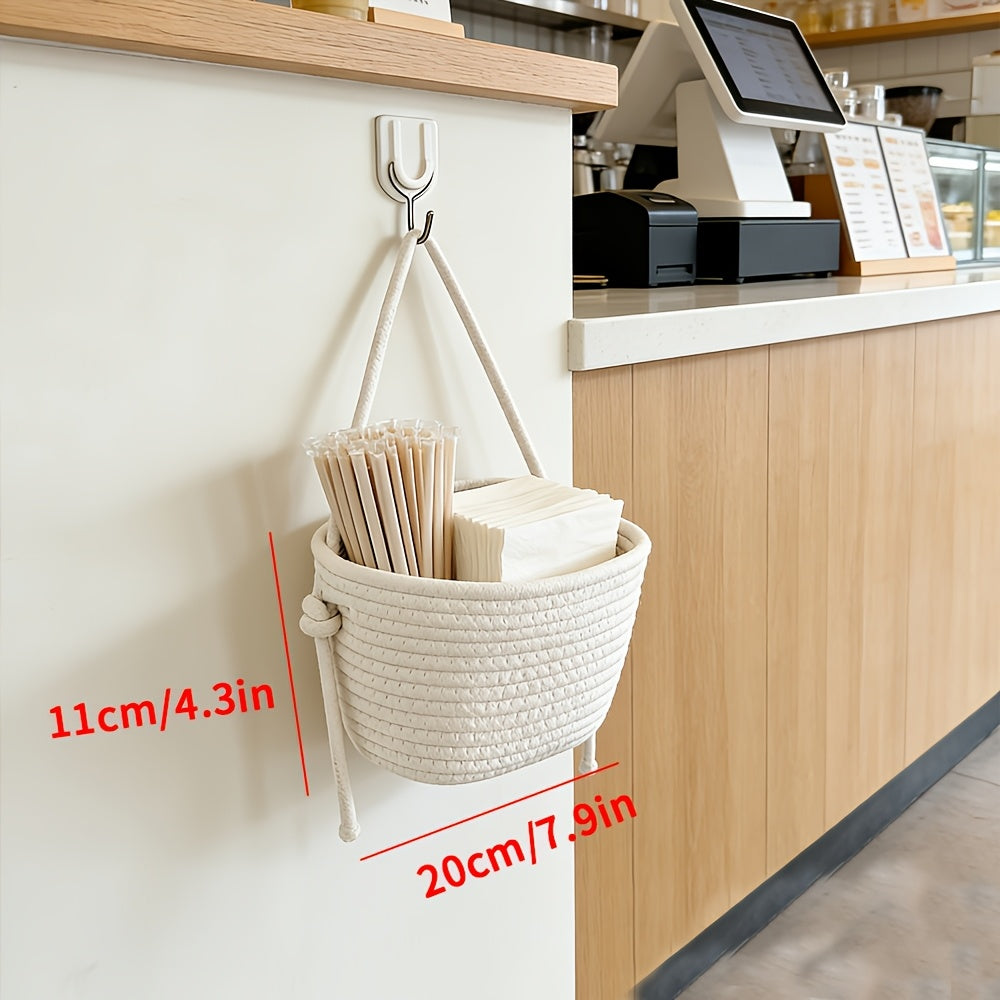 1pc Natural Woven Rope Hanging Basket - Round Door\u002FWall-Mounted Storage Shelf with Mini Mesh Organizer Suitable for Bathroom,,, Multipurpose Hanging Shelf for Towels,, Books, Flower Basket, Space-Saving Home Decoration, Shelf Baskets