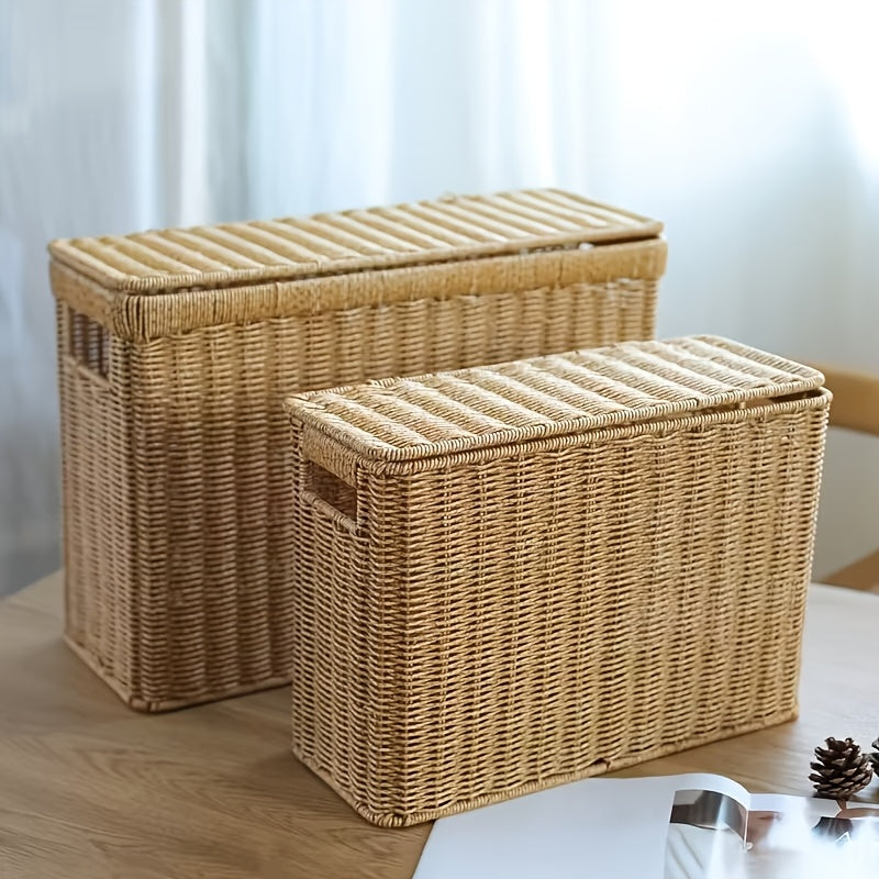 Nordic Style Slim Lidded Storage Basket Woven-Look Plastic Bin Breathable Multi-Purpose Organizer for Sofa Side Bookshelf Bedside Holding Books Magazines Blankets and Misc Items