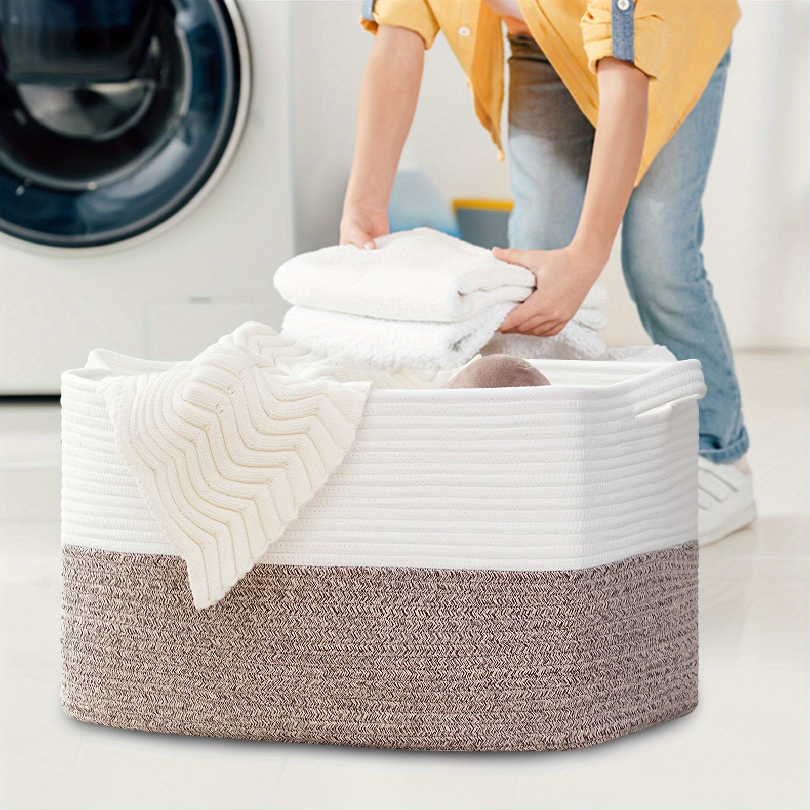 Extra Large Non-Toxic Cotton Rope Laundry Basket, 22x15x12 Inch Storage Organizer & Bathroom Decor | Multi-Use Rectangle Basket For Towels\u002FToys\u002FClothes, Baby-Safe Closet Organizers, Living Room Hamper With Handles, Laundry Baskets