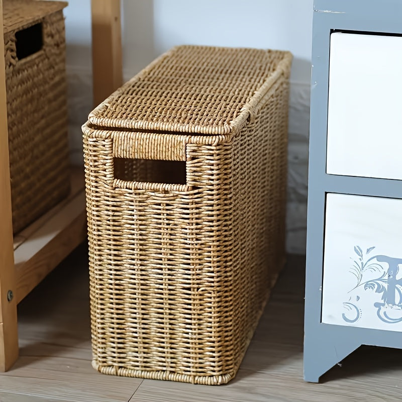 Nordic Style Slim Lidded Storage Basket Woven-Look Plastic Bin Breathable Multi-Purpose Organizer for Sofa Side Bookshelf Bedside Holding Books Magazines Blankets and Misc Items