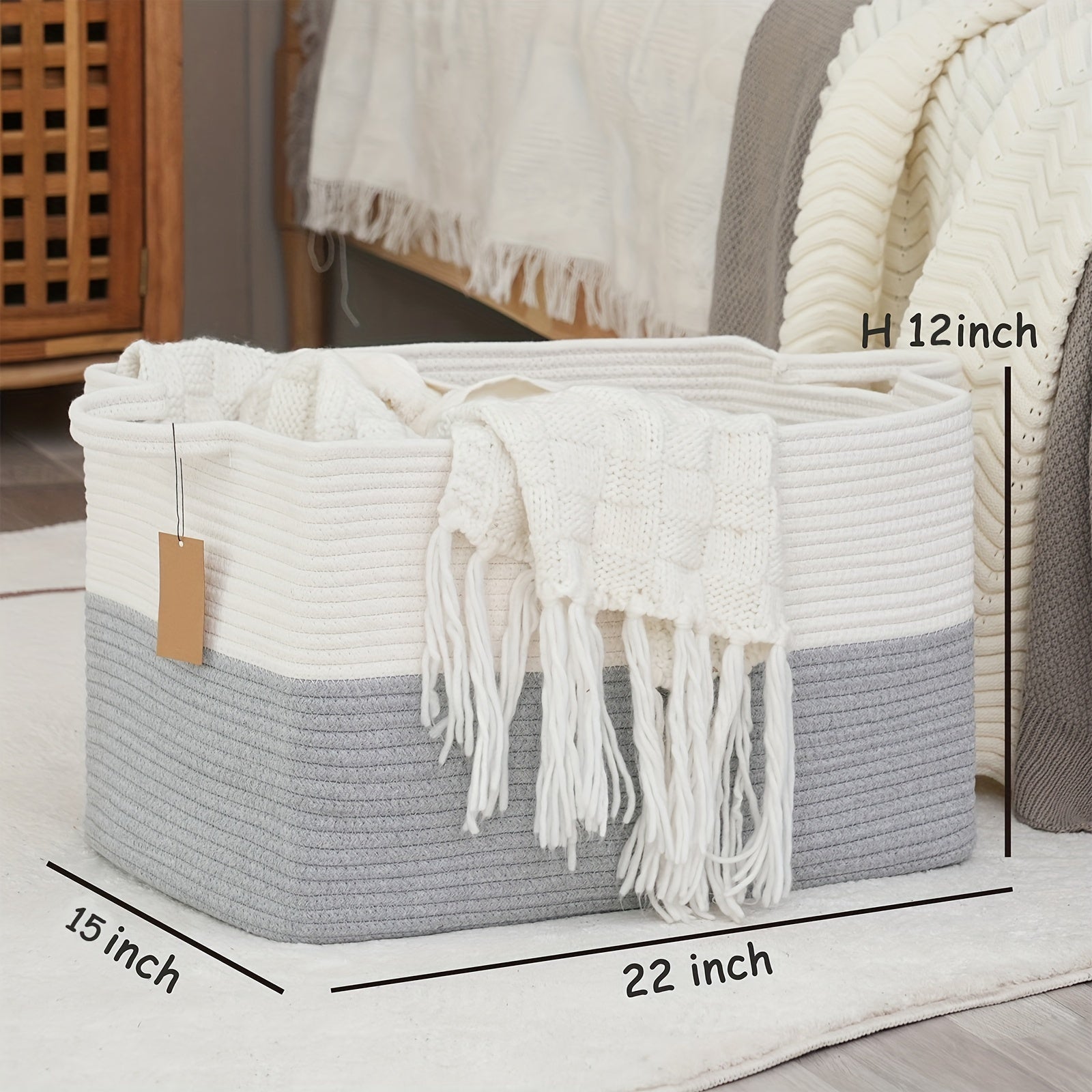 Extra Large Non-Toxic Cotton Rope Laundry Basket, 22x15x12 Inch Storage Organizer & Bathroom Decor | Multi-Use Rectangle Basket For Towels\u002FToys\u002FClothes, Baby-Safe Closet Organizers, Living Room Hamper With Handles, Laundry Baskets