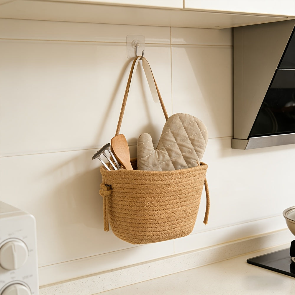 1pc Natural Woven Rope Hanging Basket - Round Door\u002FWall-Mounted Storage Shelf with Mini Mesh Organizer Suitable for Bathroom,,, Multipurpose Hanging Shelf for Towels,, Books, Flower Basket, Space-Saving Home Decoration, Shelf Baskets