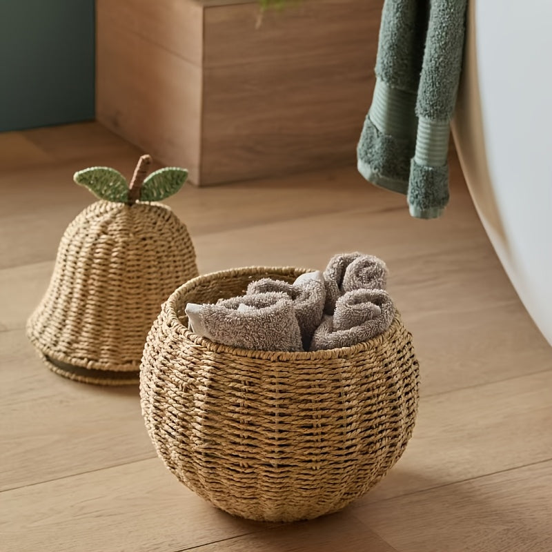1pc Bohemian-style Paper Rope Storage Basket, Hand-woven Apple and Pear-shaped Storage Basket, Suitable for Halloween Decorations, Christmas Gifts, Desktop, Miscellaneous Items, Home Decoration Organization and Storage, Shelf Baskets
